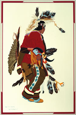 &ldquo;Army Blanket Regalia,&rdquo; gouache painting by Laurie Houseman-Whitehawk, 1985. The dancer&rsquo;s costume is decorated with geometric and bear paw patterns favored by Plains Indian beadworkers. (Great Plains Art Museum)
