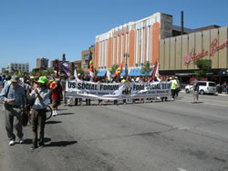 Nebraskans for Peace amidst the crowd of thousands at the U.S. Social Forum in Detroit. (Katharine Shiffler)