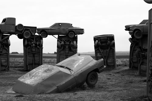 The famous Carhenge in Alliance, Neb., is a replica of England’s Stonehenge, consisting of 38 vehicles placed to assume the same proportions as the original in a circle measuring approximately 96 feet in diameter. The artist, Jim Reinders, studied Stonehenge when he lived in England and built Carhenge as a memorial to his father, who once lived on the farm where Carhenge now stands. Additional sculptures have been erected at the site, making it a popular destination for over 80,000 tourists from across the world. (Nancy Hamer)