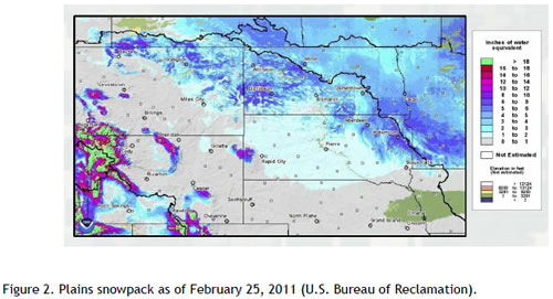 Figure 2. Plains snowpack as of February 25, 2011 (U.S. Bureau of Reclamation).