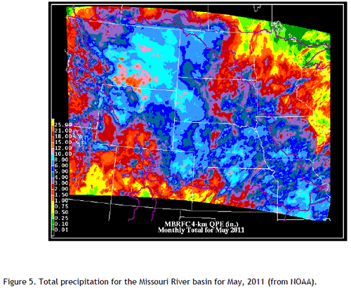 Figure 5. Total precipitation for the Missouri River basin for May, 2011 (from NOAA).