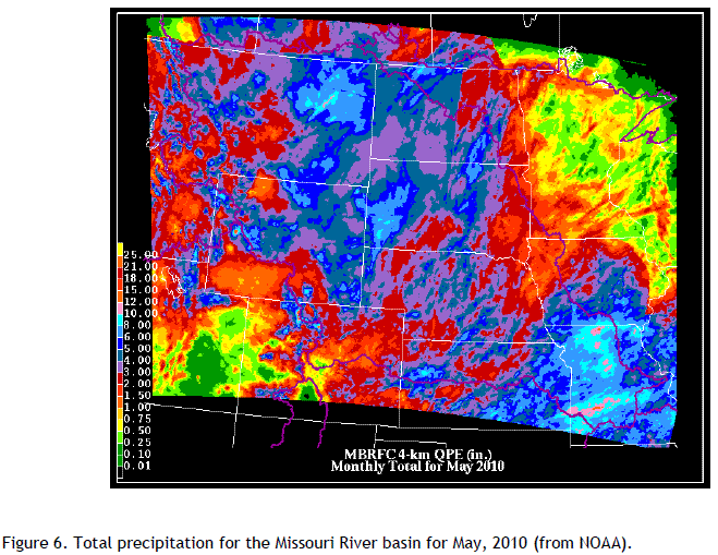 Figure 6. Total precipitation for the Missouri River basin for May, 2010 (from NOAA).