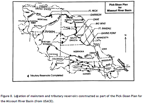 Figure 8. Location of mainstem and tributary reservoirs constructed as part of the Pick-Sloan Plan for the Missouri River Basin (from USACE).