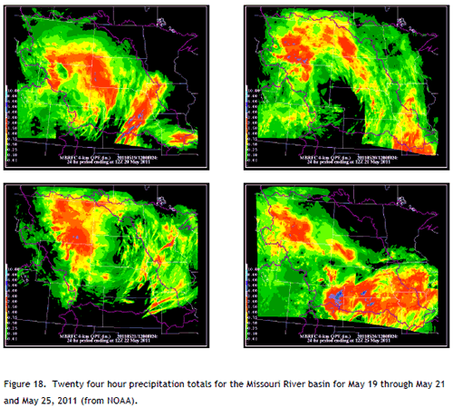 Figure 18. Twenty four hour precipitation totals for the Missouri River basin for May 19 through May 21 and May 25, 2011 (from NOAA).