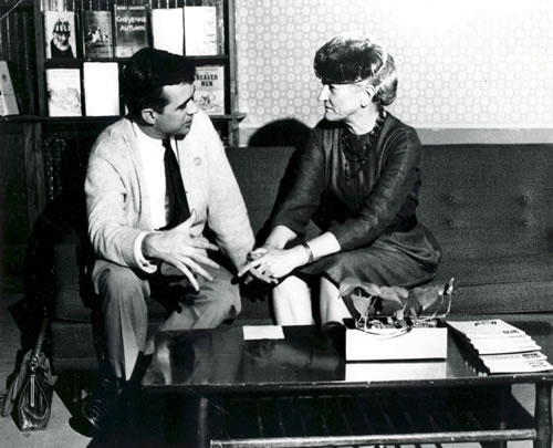 A young Ron Hull in a discussion with Mari Sandoz on the set of a Nebraska Educational Television production. (NET)