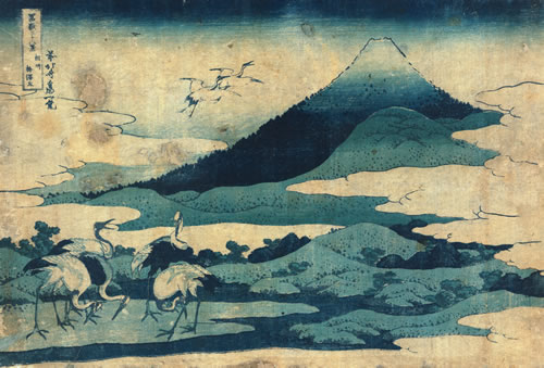Cranes have been represented in art throughout history. “Sōshū umezawa zai” (Umezawa manor in Sōshū), Hokusai Katsushika, artist, woodcut, 1832 or 1833, LC-DIG-jpd-00414 (digital file from original print). (Prints and Photographs Division, Library of Congress)