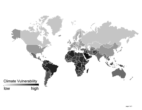 Fig. 3. Climate vulnerability index, by nation. (K. Hayhoe, based on Samson et al., 2011).26