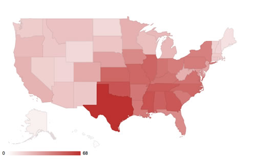 Fig. 2. Observed number of billion-plus dollar events by state from 1980 to 2014.22