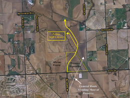 Present alignment of 144th Street (yellow) and approximate location ecologically sustainable route (white). (Courtesy of the authors).