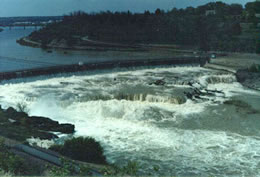 Black Eagle Falls, part of the Great Falls of the Missouri River, and Black Eagle Dam, near Great Falls, Mont.