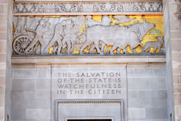 Above the north entrance of the Capitol is the inscription, written by Alexander, "The salvation of the state is the watchfulness in the citizen." (staff photo)