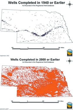 Maps showing comparison of wells completed in 1940 or earlier and 2000 or earlier